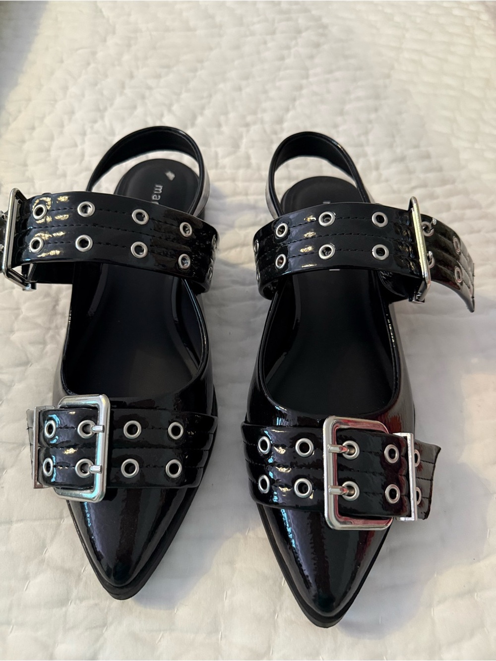 Madden Girl Black Patent Pointed Buckle Flats with Grommet Straps